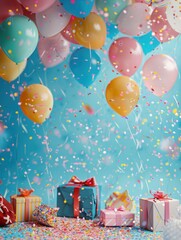 Poster - Brightly colored balloons, confetti, and presents create a festive backdrop for a childrens birthday party. Generative AI