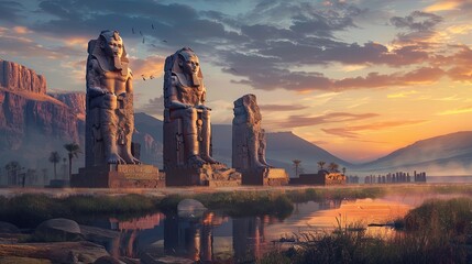 Majestic Colossi of Memnon at Dawn in Stunning Photorealistic Art Style