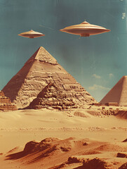 ufo spaceships over pyramids in color 1950s 1960s retro photojournalism postcard style sci-fi scienc
