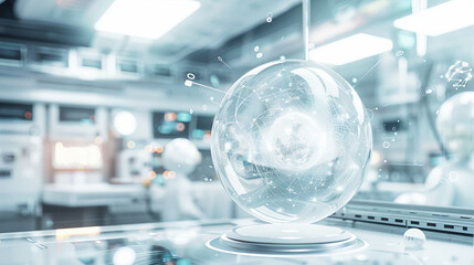 Poster - hologram or plasma sphere in a white research lab. advanced futuristic technology concept.