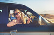 © Stratford/peopleimages.com - Woman, portrait and road trip with peace sign for freedom, travel and spring break holiday. Adventure, van and smile of college student on vacation with car transportation and happy from journey