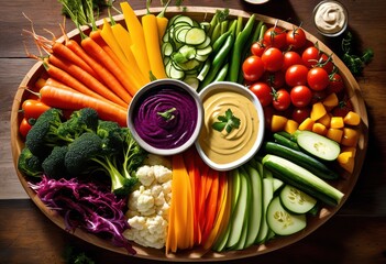 Wall Mural - colorful fresh vegetable platter dipping sauce snacking entertaining, vegetables, vibrant, colors, crisp, nutritious, snacks, tasty, appetizers, snackable