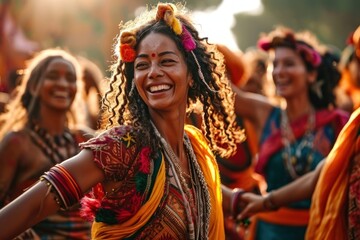 A diverse group of people unite in joy and unity as they participate in a lively cultural dance during a vibrant festival, Generative AI