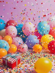 Poster - A joyful scene of colorful balloons, confetti, and a present set against a pink background, perfect for a childs birthday party. Generative AI