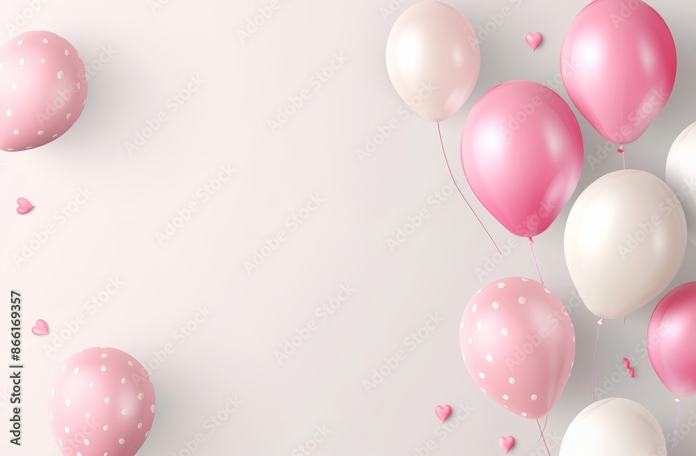 Happy birthday background with pink and white balloons, text "HAPPY ...