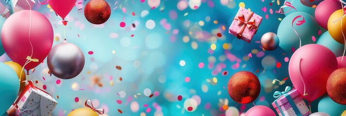 Poster - An image of colorful balloons, confetti, and presents floating against a bright blue background, perfect for a childs birthday party celebration. Generative AI