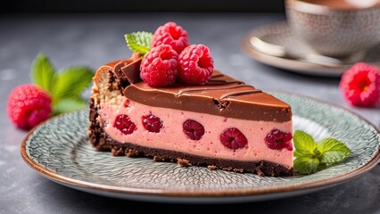 Wall Mural - Decadent Raspberry Chocolate Cheesecake with Mint Garnish on a Ceramic Plate