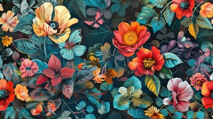 Wall Mural - Exotic floral wallpaper with vibrant colors and intricate design