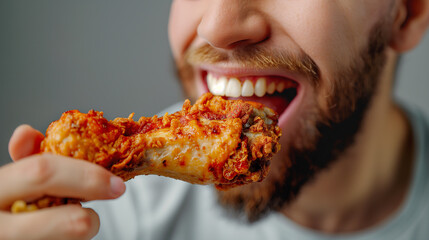 A man biting a crispy fried chicken leg on a gray background
