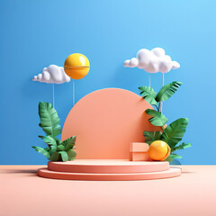 Canvas Print - A 3D rendering of a podium decorated with colorful balloons and leafy plants on a bright blue background.