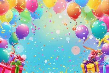 Poster - A vibrant image of colorful balloons, confetti, and presents, creating a joyful and festive atmosphere perfect for a childrens birthday party. Generative AI