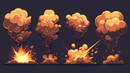 Wall Mural - Explosion with burst fire effect and smoke clouds cartoon collection