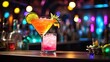 © Uzair - Cocktails on a counter in a bar, lit up by party lights, with a blurred background and copy space. Drink of the tropics. celebrations, nightclubs, bars, and holidays.