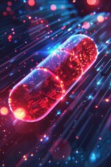 Wall Mural - A futuristic pill with nano bots on a clean background in glowing digital style 