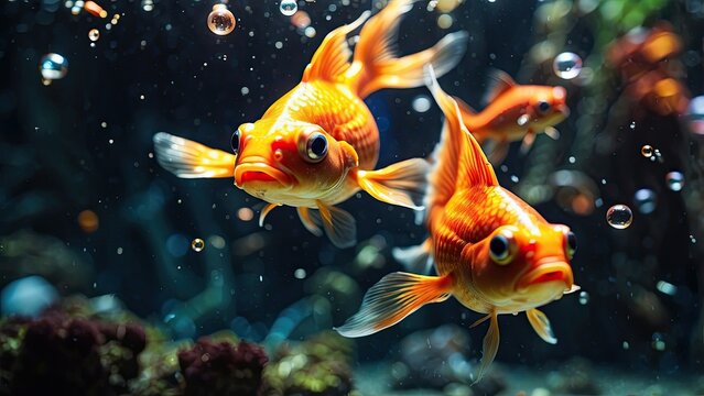 Vibrant Goldfish Swimming Amid Glowing Bubbles in Dreamy Underwater Scene