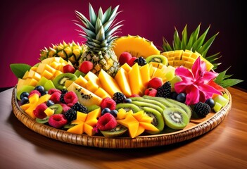 Wall Mural - colorful exotic fruit platter displayed bamboo tray, tropical, pineapple, kiwi, mango, papaya, guava, dragonfruit, starfruit, lychee, passionfruit, pitahaya,