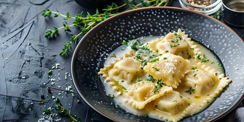 Wall Mural - Rabbit Agnolotti in Shiitake Broth with Parmesan and Thyme Served on a Black Plate. Concept Rabbit Agnolotti, Shiitake Broth, Parmesan and Thyme, Black Plate