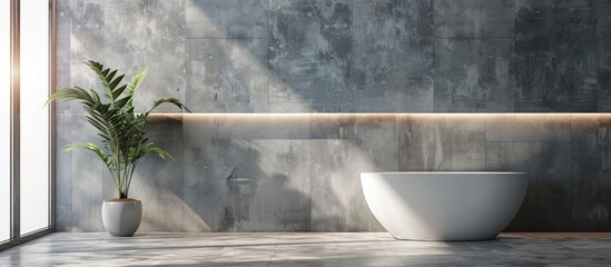 Sticker - A white bathtub sits in a large, empty bathroom with a window in the background