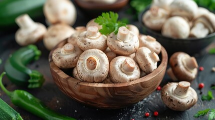 Wall Mural - A plate of mushrooms and parsley sits on a wooden table