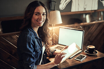 Poster - Woman, tech screen and portrait at night in restaurant, copywriter and research for feature article deadline. Female person, mockup and cafe for project proposal, column and online for remote work