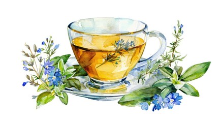 Watercolor herbal tea, light amber, teacup with herbs, isolated on white background