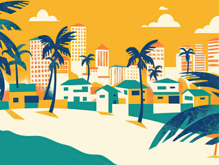 Risograph riso print travel poster, card, wallpaper or banner illustration, modern, isolated, clear and simple of Accra, Ghana. Artistic, screen printing, stencil backdrop background