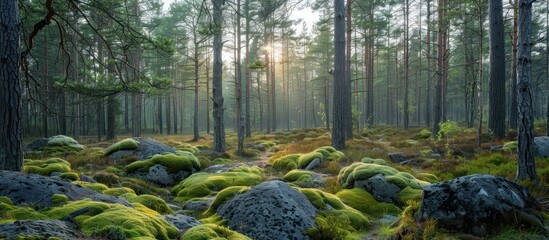 Wall Mural - A forest with moss and trees. The sun is shining through the trees