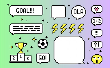 Poster - soccer icons speech bubbles. pixel art elements set. football text messages. y2k trendy playful pixe