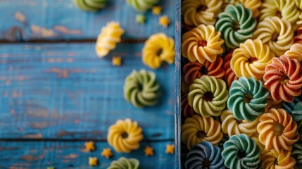 Sticker - Macaroni cookies in various colors in a box set against a blue wooden backdrop