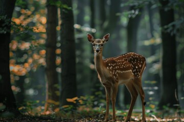 A wild deer standing in a forest clearing, with a softly blurred background of dense trees and foliage 