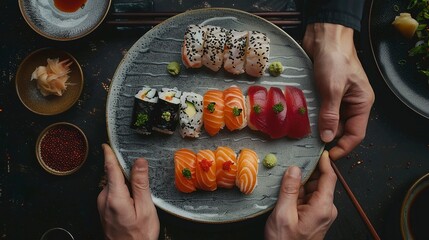 Wall Mural - Plating Japanese sushi with plates, top view, very detailed, cinematic, Realistic, Generative ai