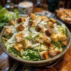 Wall Mural - A large bowl of classic caesar salad, topped with parmesan croutons and lots of cheese shavings