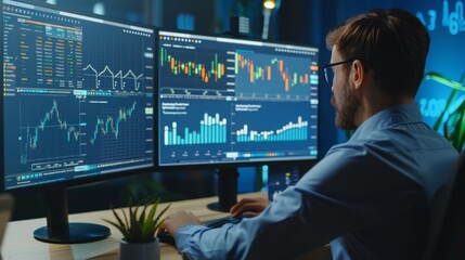 Fototapete - A professional analyzing a financial graph on a large monitor, surrounded by charts and data.