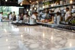 © grey - An elegant, marble kitchen island in the foreground with a blurred background of a high-end cooking class. The background features participants learning from a celebrity chef