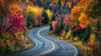 Poster - A rural road winding through autumn foliage with trees displaying vibrant colors, perfect for seasonal travel.
