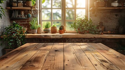 Wall Mural - cozy kitchen table with soft morning light and copy space for homemade product display