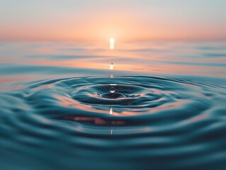 Poster - Serene Water Drop Merging with Tranquil Ocean Surface in Sunset Glow