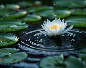 Poster - Tranquil Lily Pad Pond with Rippling Water Drop   Minimal Nature Landscape