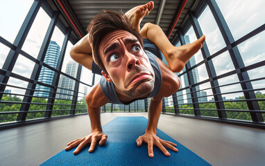 Caricature d'un homme pratiquant le yoga en équilibre avec une expression comique.