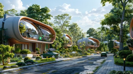Sticker - a hyperreal futuristic residential area with smart homes, automated services, and green technology, showcasing a comfortable and advanced living environment, offering ample copy space for text