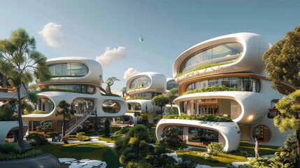 Sticker - a hyperreal futuristic residential area with smart homes, automated services, and green technology, showcasing a comfortable and advanced living environment, offering ample copy space for text