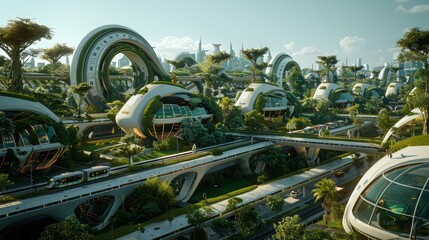 Sticker - a hyperreal futuristic urban landscape with integrated green spaces, advanced public transport, and sustainable architecture, showcasing a utopian future, offering ample copy space for text
