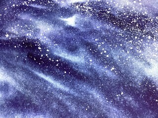 watercolor space background. starry sky ink texture. blue, purple, green splashes. copy space for ba