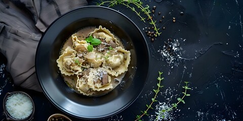 Canvas Print - Rabbit-Filled Agnolotti in Shiitake Broth with Parmesan and Thyme on a Black Plate. Concept Italian Cuisine, Rabbit Agnolotti, Shiitake Broth, Parmesan and Thyme, Gourmet Presentation