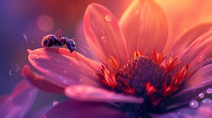 Aufkleber - An ant perched on a flower petal, illustrating the contrast between its small size and the vastness of nature.