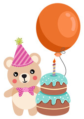 Sticker - Cute teddy bear with balloon and happy birthday cake