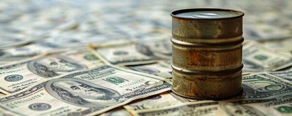 Oil barrel sits on a bed of US dollar bills.