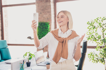 Poster - Photo portrait of pretty young girl selfie photo video call wear trendy outfit modern workplace success business owner office