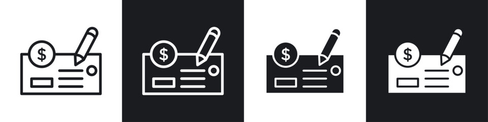 Money check icon set.payment pay paper cheque vector symbol. salary cheque sign in black filled and outlined style.