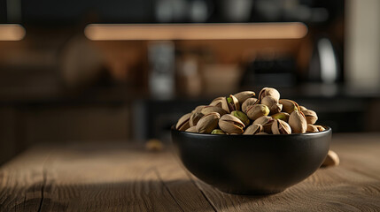 Wall Mural - Black Bowl Filled with Pistachios on Kitchen Table at Eye Level Angle. Nutritious and Tasty Snack Displayed in a Minimalistic and Modern Setting.